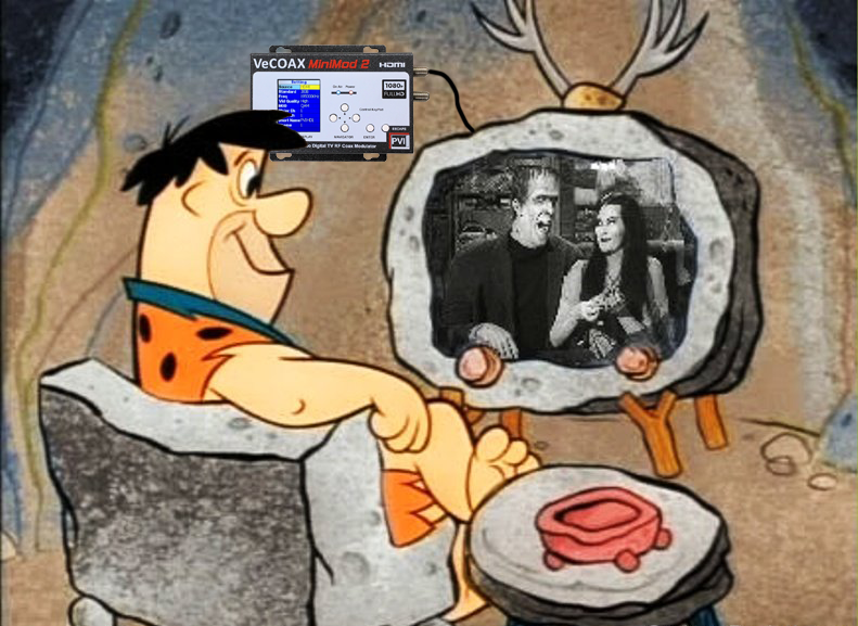 Fred Flintstone watching TV VeCOAX HDMI to RF modulator