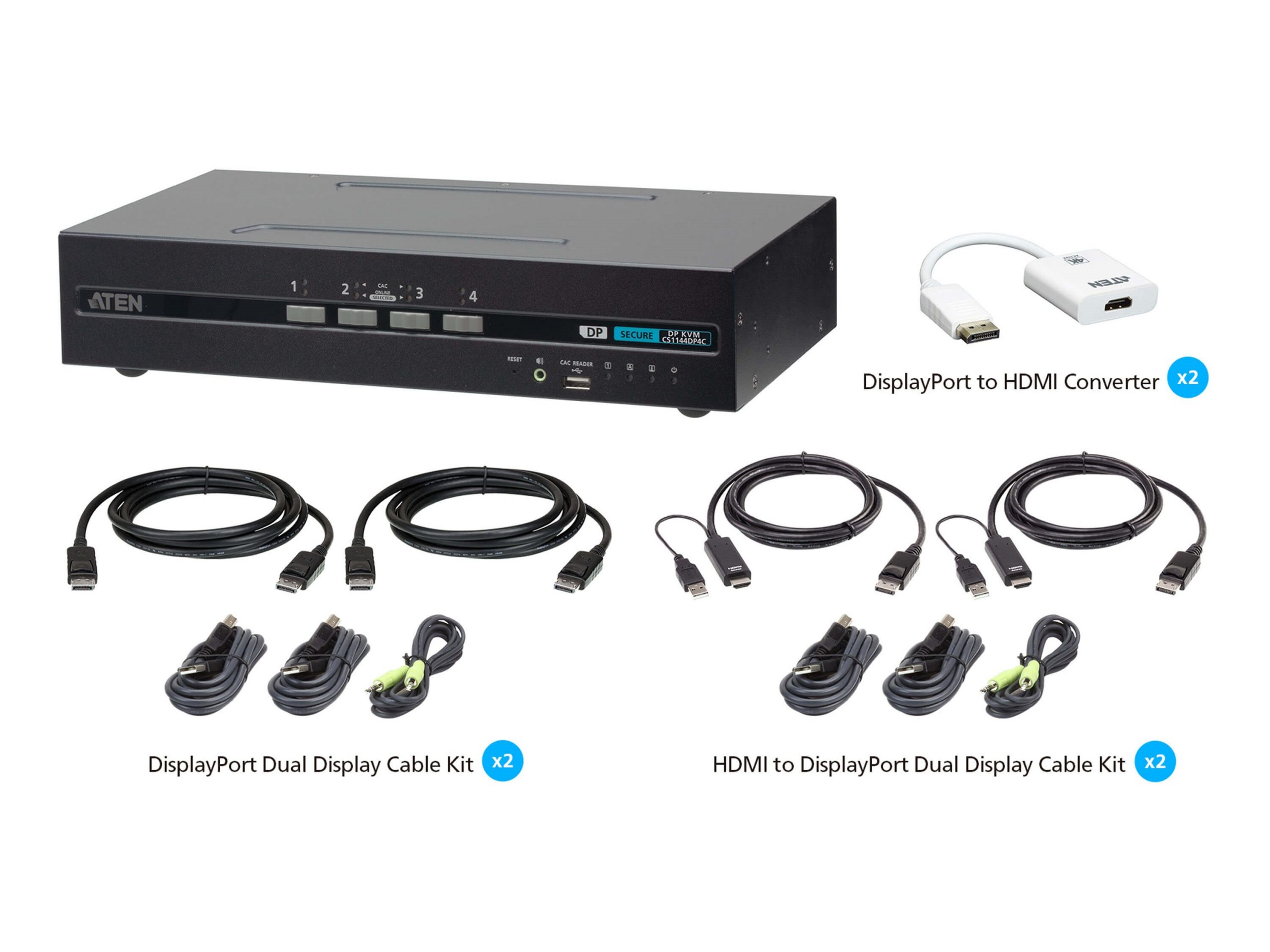 Aten CS1144DP4CUN 4-Port USB DisplayPort/HDMI Dual Display Universal Secure KVM Switch Kit with CAC (PSD PP v4.0 Compliant)