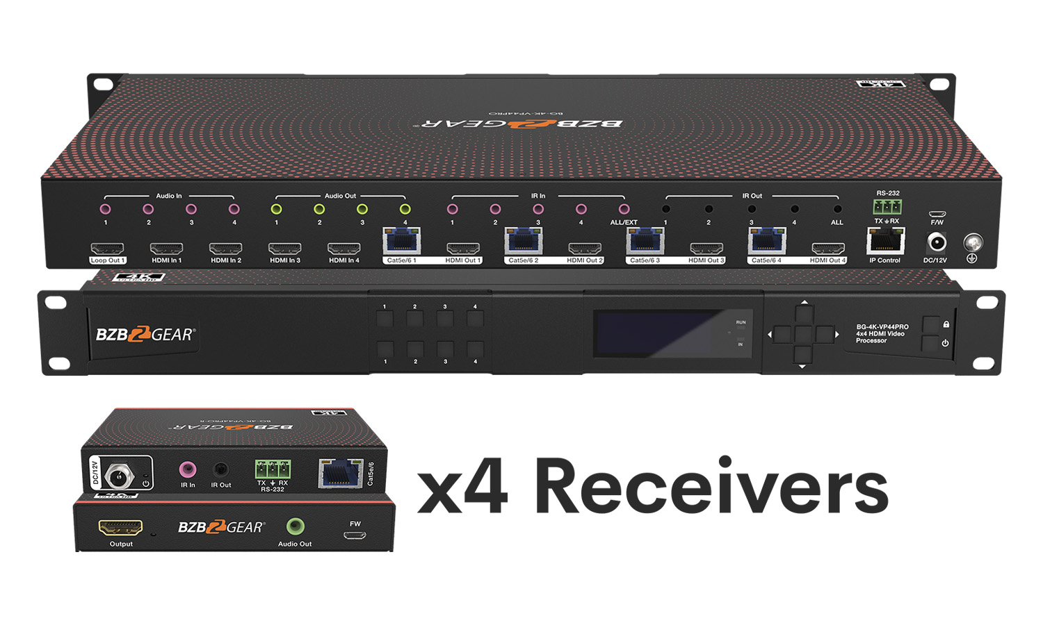 BZBGEAR BG-4K-VP44PRO 4x4 4K UHD Seamless HDMI Matrix Switcher/Video Wall Processor/MultiViewer Over Cat5e/6/7 Kit with 4 Receivers