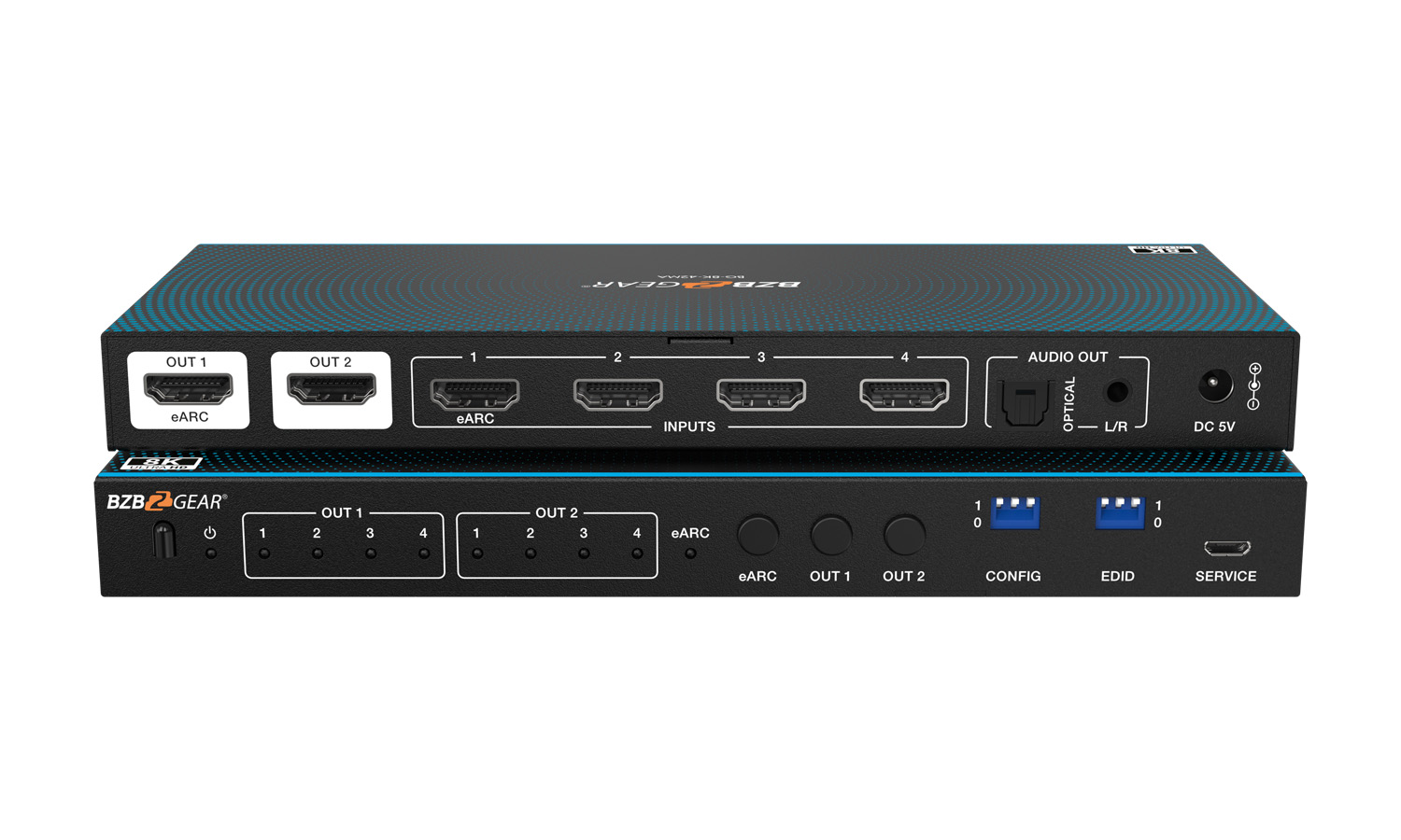 BZBGEAR BG-8K-42MA 4x2 8K UHD HDMI 2.1 Matrix Switcher with Auto Downscaling/Audio De-Embedding (8K60/4K120 and VRR/FVA/ALLM Support)