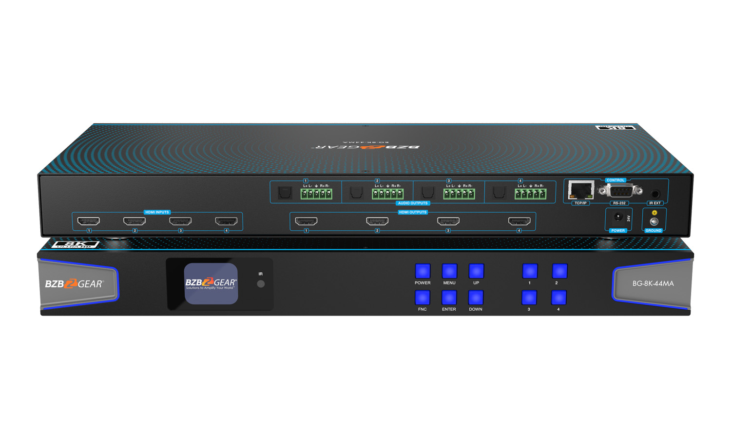 BZBGEAR BG-8K-44MA 4x4 8K UHD HDMI 2.1 Matrix Switcher with Auto Downscaling/Audio De-Embedding (8K60/4K120 and VRR/FVA/ALLM Support)