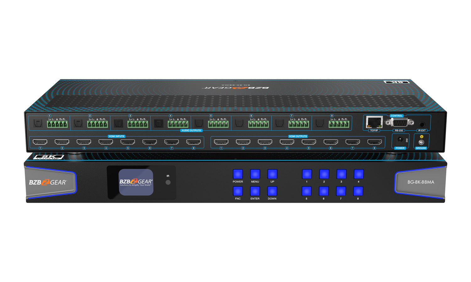 BZBGEAR BG-8K-88MA 8x8 8K UHD HDMI 2.1 Matrix Switcher with Auto Downscaling/Audio De-Embedding (8K60/4K120 and VRR/FVA/ALLM Support)