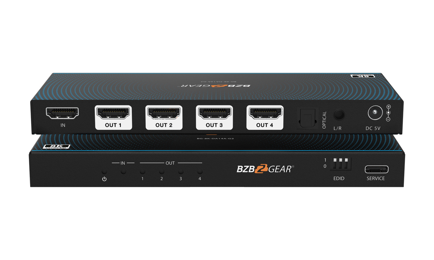 BZBGEAR BG-8K-DA14A-G2 1x4 8K UHD HDMI 2.1 48Gbps Splitter with Auto Downscaling/Audio De-Embedding (8K60/4K120 and VRR/ALLM/QMS/QFT/SBTM Support)