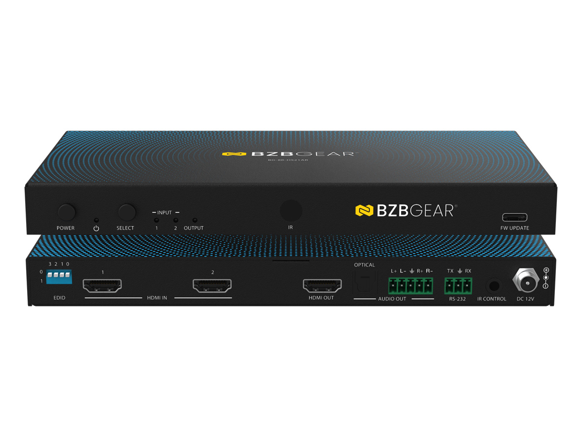 BZBGEAR BG-8K-HS21AR 2x1 8K UHD HDMI 2.1 Switcher with Digial/Analog Audio De-Embedding/EDID/RS-232 (8K60/4K120Hz 4:4:4 VRR/ALLM Support)