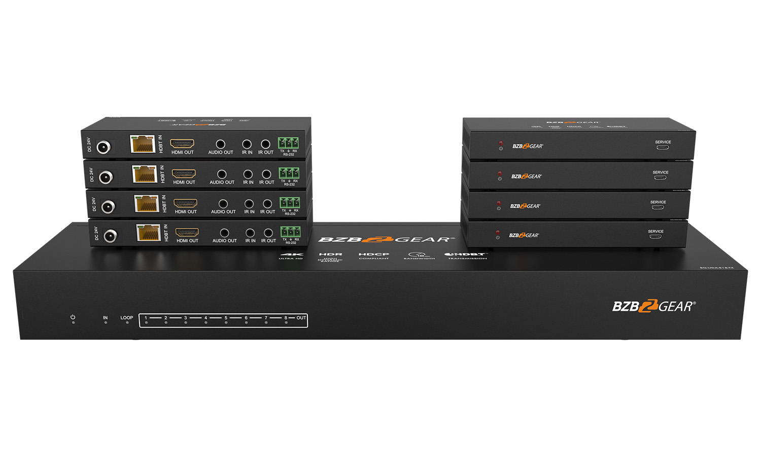 BZBGEAR BG-UDA-E18 1×8 4K UHD HDMI HDBaset Splitter/Distribution Amplifier Kit with 8 Receivers and IR/RS-232/Audio De-embedding up to 390ft Over Category Cable
