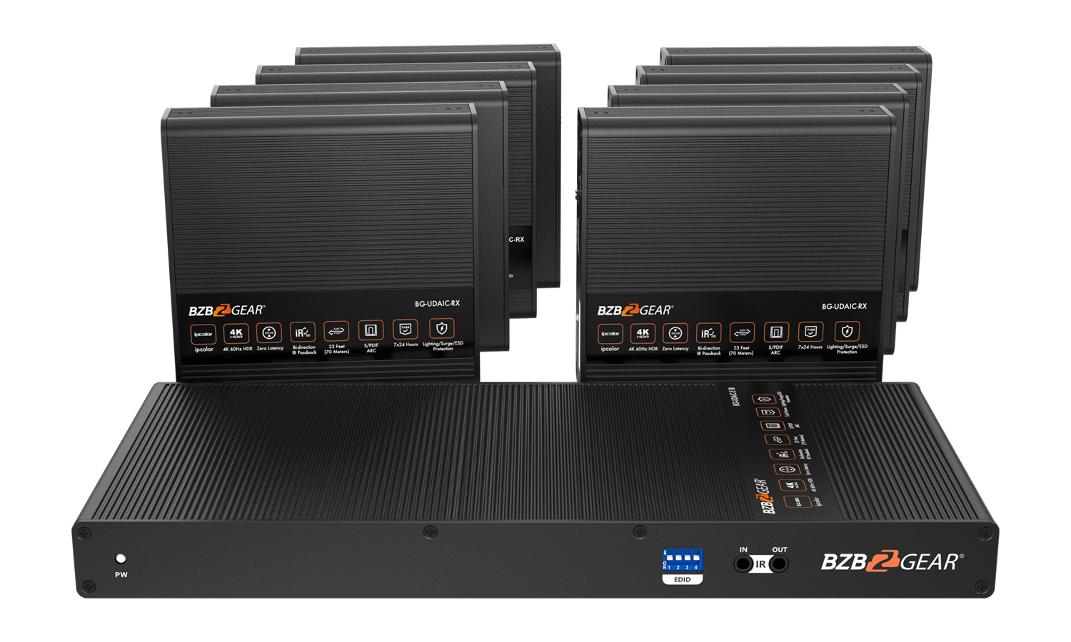 BZBGEAR BG-UDAIC-E18 1x8 4K UHD HDMI Splitter/Distribution Amplifier Kit with 8 Receivers and IR/RS-232/Audio De-embedding up to 230ft over Category Cable