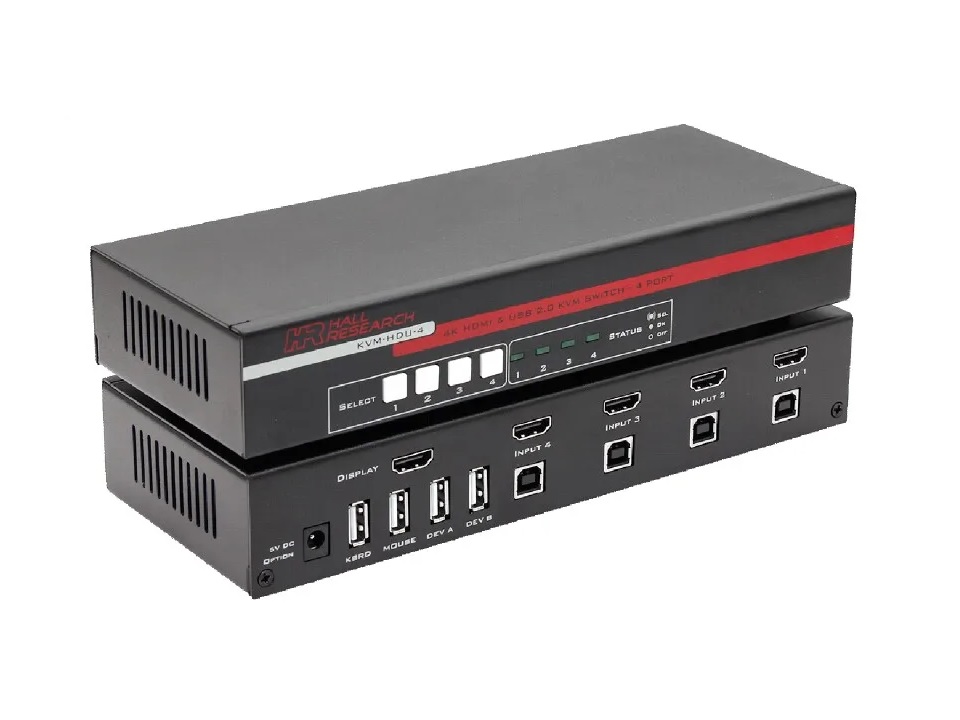 Hall Technologies KVM-HDU-4 4-Port HDMI KVM Switch with USB 2.0 Hub and 4K (UHD) Resolution Support