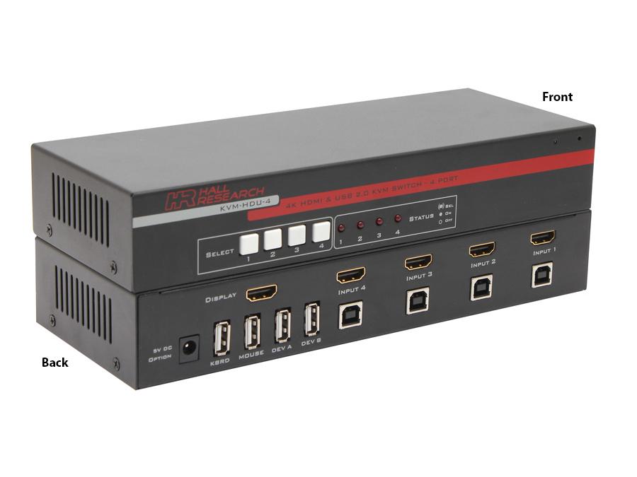 Hall Technologies KVM-HDU-4-X 4-Port HDMI KVM Switch with USB 2.0 Hub and 4K (UHD) Resolution Support (w/o accessories)