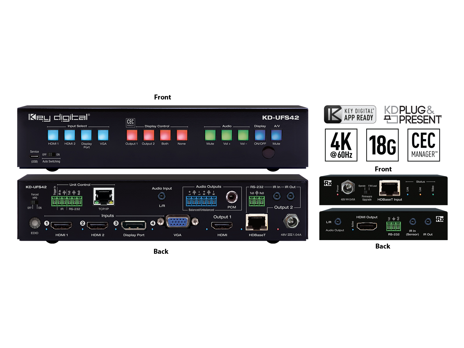 Key Digital KD-UFS42 HDBaseT 4×4 4K 18G Universal HDMI/DP/VGA Switcher Mirrored Outputs CEC