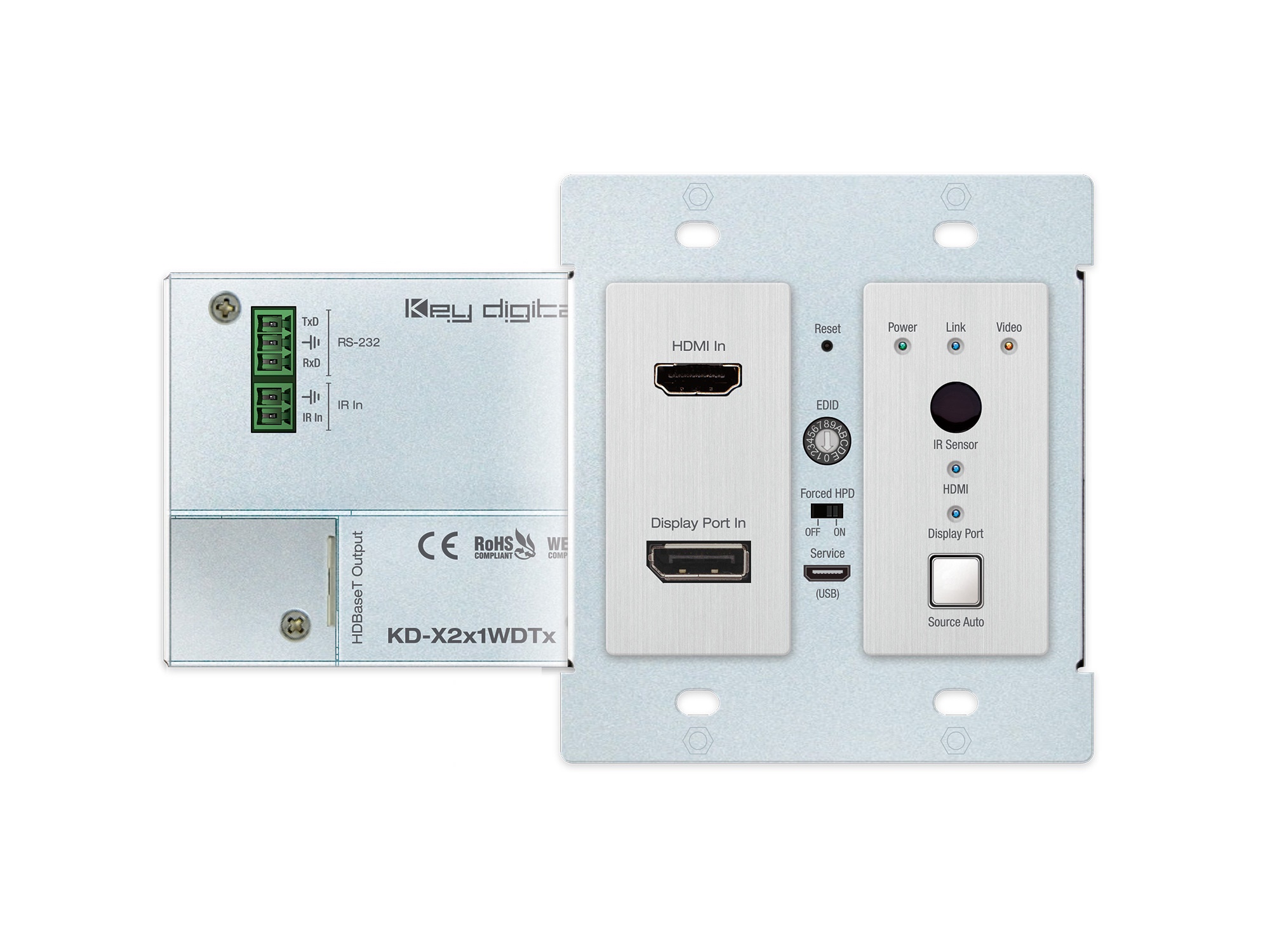 Key Digital KD-X2x1WDTx 2x1 4K/18G HDCP HDMI/DisplayPort HDBT Wall Plate Switcher/Transmitter with IR/RS-232/PoH