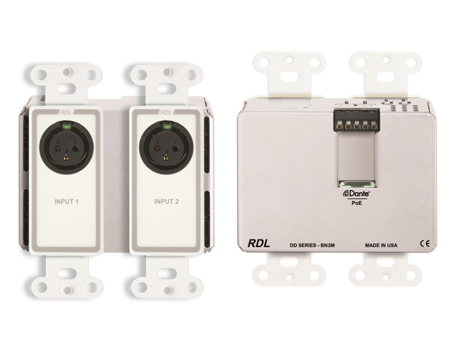 RDL DD-BN2M 2x2 Wall-Mounted Bi-Directional Mic/Line Dante Interface/White