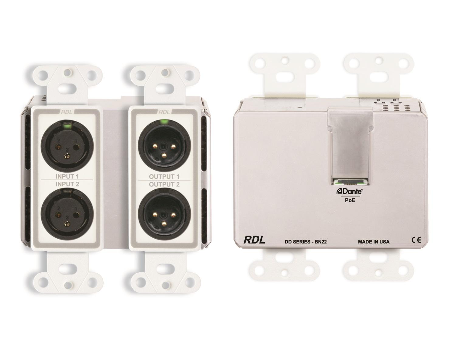 RDL DD-BN22 2x2 Wall-Mounted Bi-Directional Mic/Line Dante Interface/White