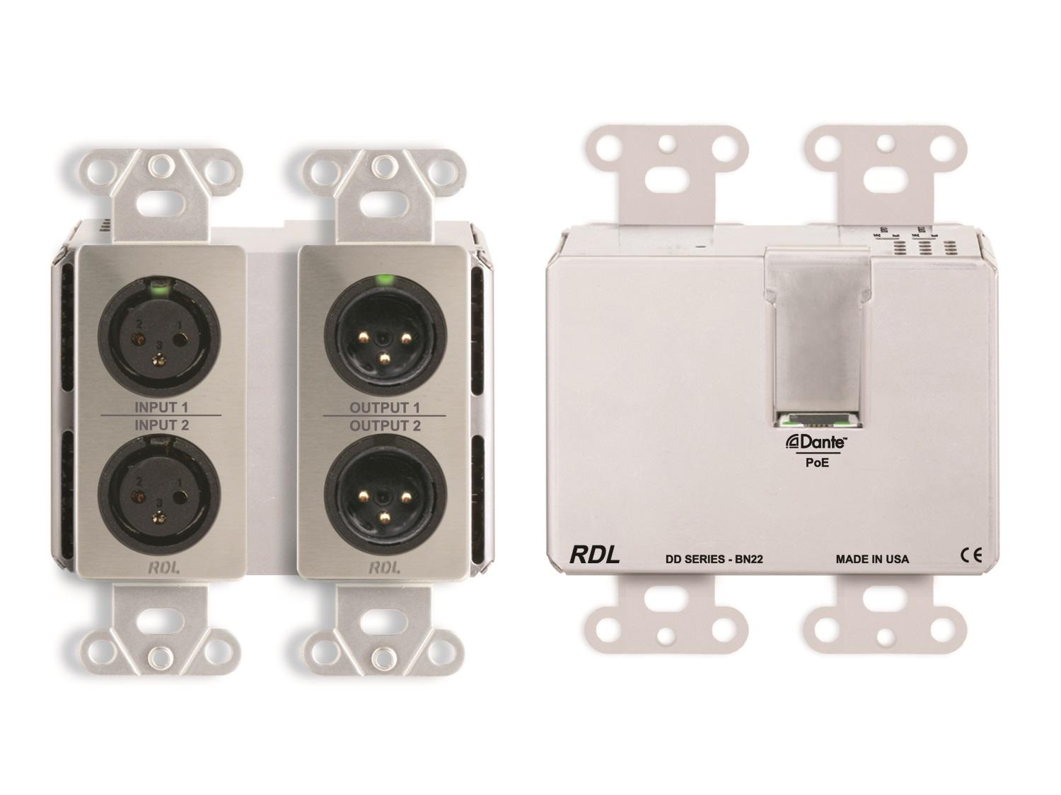 RDL DDS-BN22 2x2 Wall-Mounted Bi-Directional Mic/Line Dante Interface/Stainless Steel