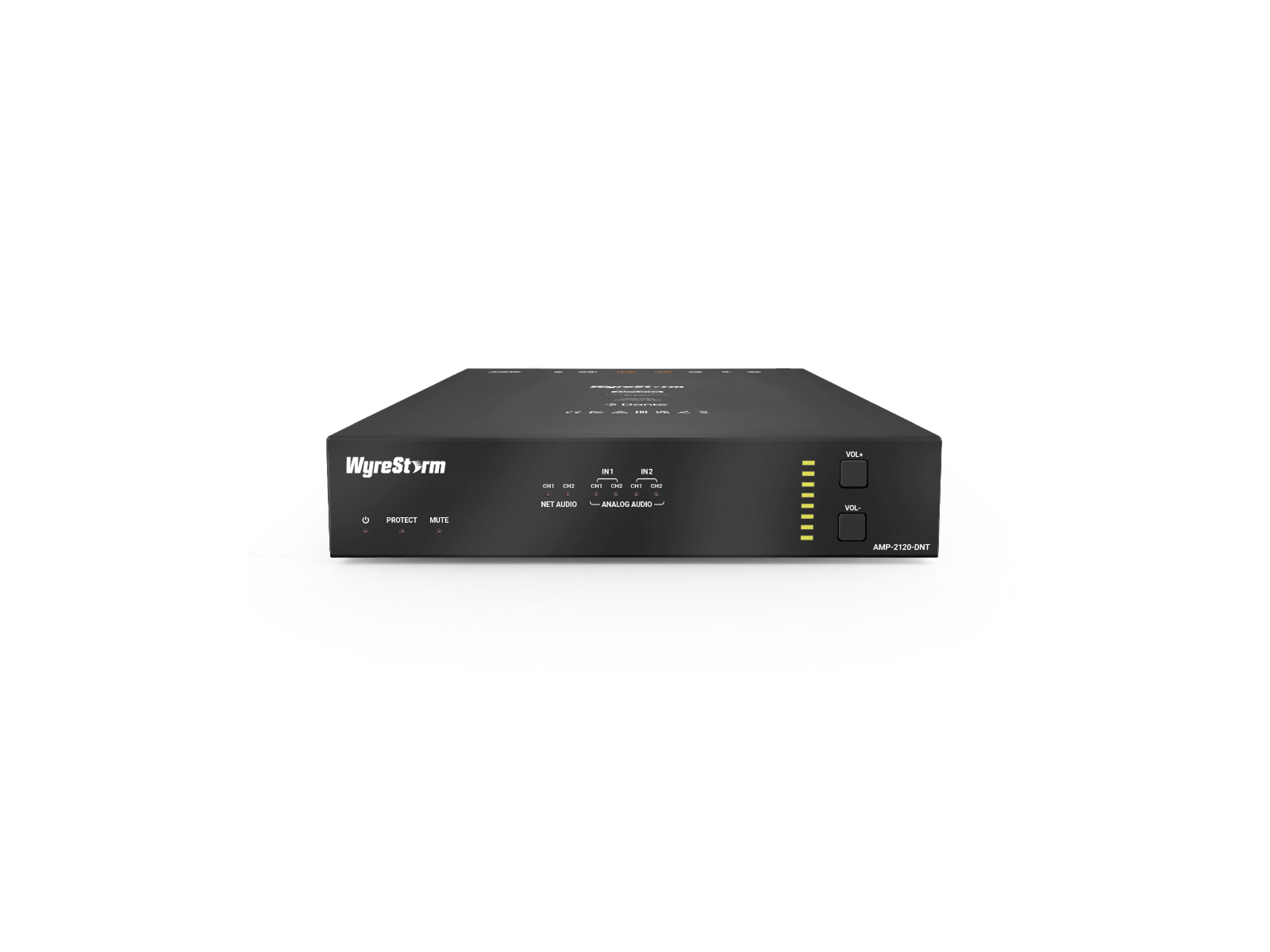 WyreStorm AMP-2120-DNT 1/2-Channel Dante Amplifier / 240W Mono / 2x120W Stereo / 70V 100V 4Ω 8Ω / PoE+ 24V DC