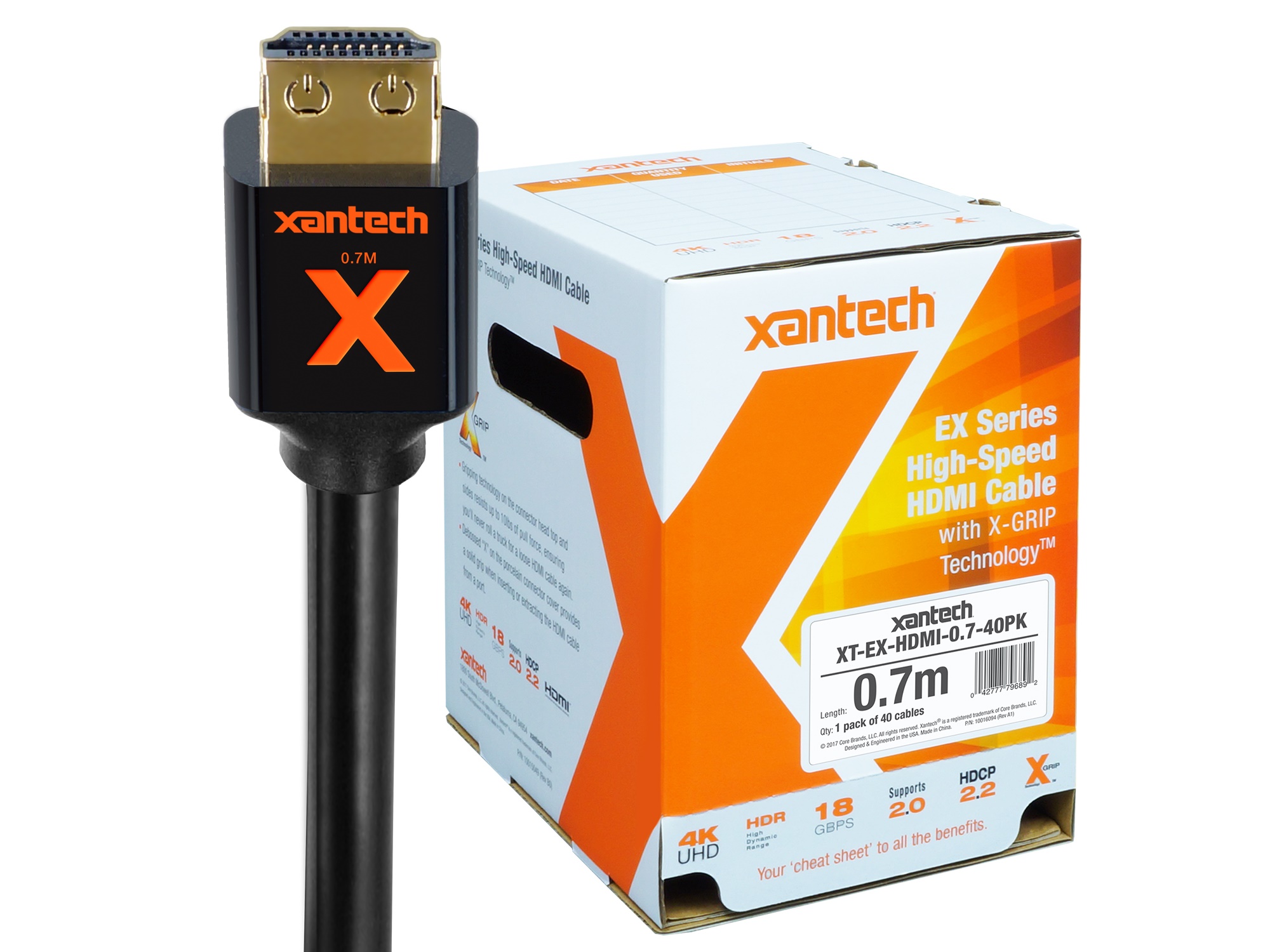 Xantech XT-EX-HDMI-0.7-40PK-MC EX Series High-Speed HDMI Cable with X-GRIP Technology (2.3ft/Master Carton of 40)